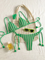 Sexy Orange Striped Bikini Set 2026 Women Halter Push Up Bra Tassel Bandage Thong Swimsuit Summer Holiday Bathing Suit Swimwear