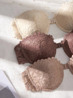 3Pcs Thin Cup Strapless Women's Sexy Bras Lace Trim Patchwork Pattern Front Clasp Push up Bra Comfortable Half-Cup Women's Bra