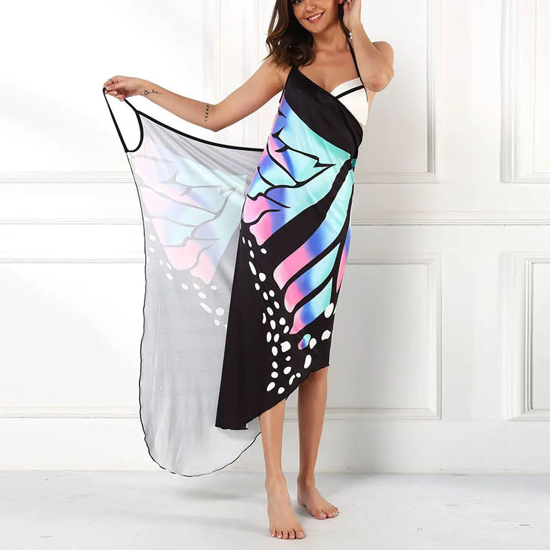 Sexy Butterfly Print Cover Up Swimwear Women Dress Summer Tunic Bikini Bath Sarong Wrap Skirt Swimsuit Elegant Lady Beachwear
