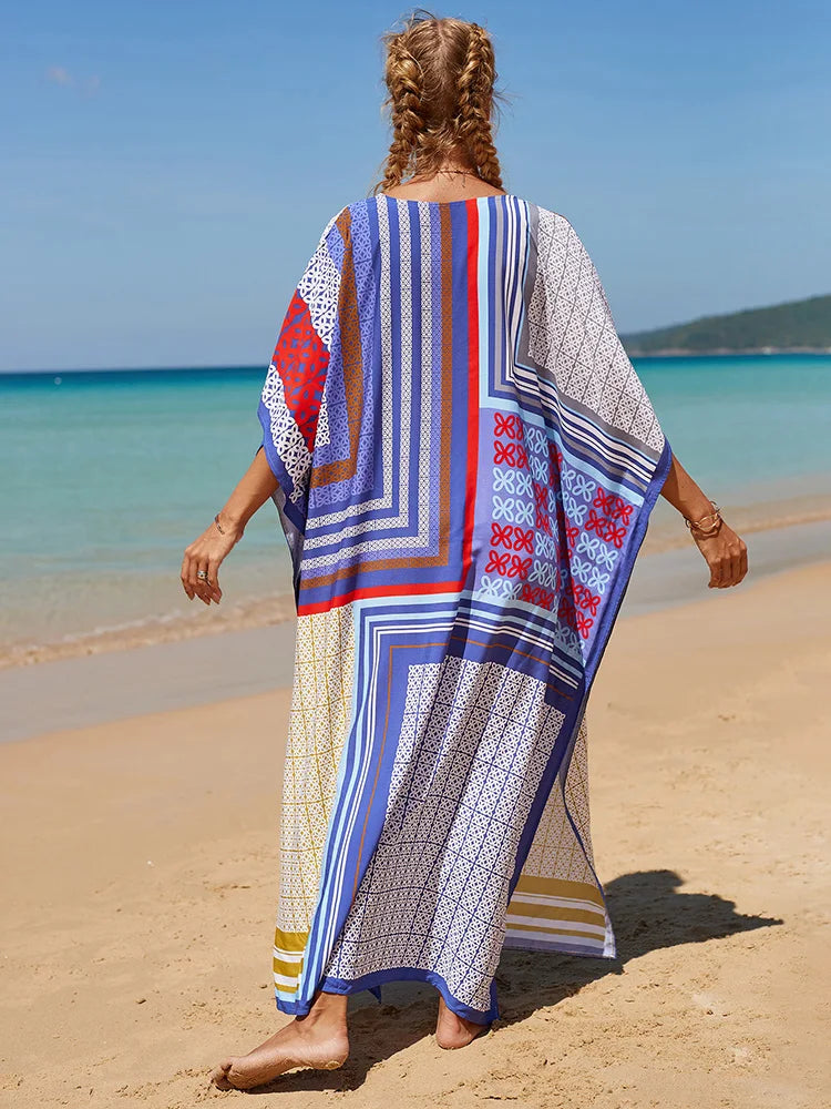 2025 Loose Boho Style Maxi Dress Print Face Swim Suit Cover-up Bohemian Dress Robe Plage Kaftan Maxi Dress Beach Wear Tunics