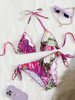 Cute Orange Floral Print Bikini Set Women Halter Ruffles Push Up Tie Side Thong Swimsuit 2026 Summer Bathing Suit Micro Swimwear