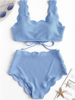 Solid Blue Two Pieces Swimsuit Bathing Suits Bikini Women Scalloped Textured High Waisted Bikini Set Lace Up Bathing Suits XXL