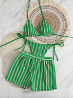 New Retro 3 Pieces Knitted Mesh String Bikini Set Swimsuit Women Blue Striped Swimwear with Shorts Beach Wear Boho Bathing Suit