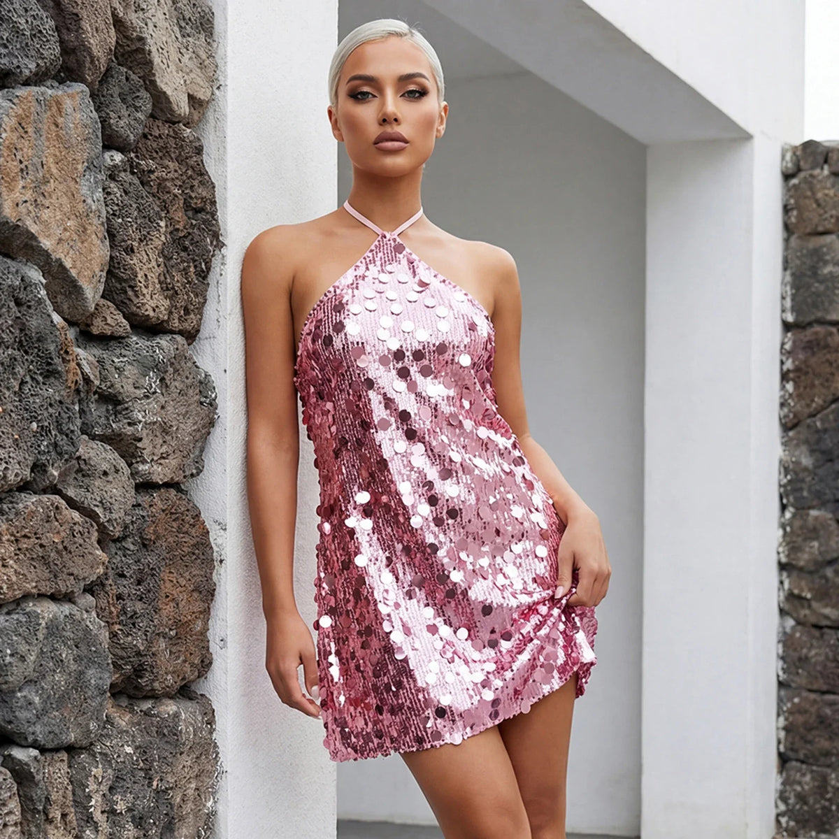 Women Halter Dress Sparkly Sequin Mini Dresses Clubwear Party Date Outfits Sexy Bodycon Dress Sexy Sleeveless Backless Dress