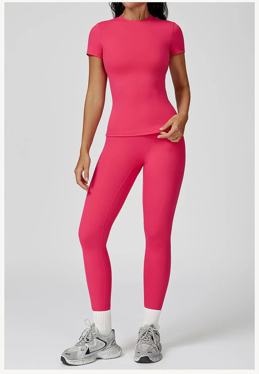 New Yoga Set Two Piece Women Short Sleeve Top with High Waist Leggings Seamless Workout Clothes Patchwork Sport Fitness Gym Sets