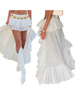 Women's Elastic Band Waist Flowy Skirt Irregular Ruffle Asymmetrical Midi White Boho Skirt Streetwear