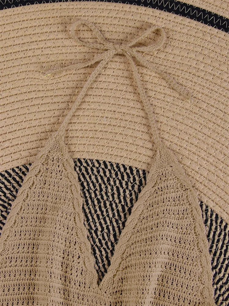 Solid Knit Halter V-neck Side Cross Straps Slim Beach Mini Dress 2026 Women Crochet Beach Swimsuit Cover Up Vacation Outfit K104