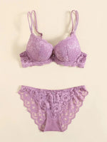 1 Set Elegant Lace Embroidery & Breathable Fabric Lingerie Set: Push-Up Bra, Drop Waist Sheer Panty - Ultimate Valentine's Day