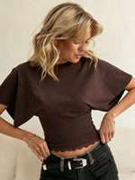 Woman Lace Crop Top Dolman Sleeve Summer Sexy Elegance Leisure Round Collar Semi Slim Solid Color T-shirt Top Pleating