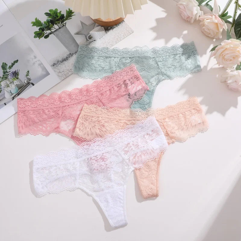 5Pcs Lace Sexy Thongs Women Low-Rise Briefs Sexy Soft Ladies Underwear Trendy Floral Underpants Female Flowery Panty Lingerie