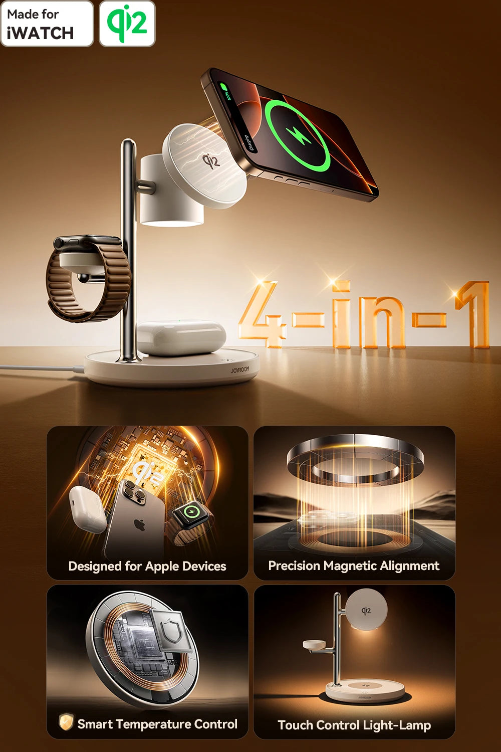 Joyroom 4-in-1 Qi2 Fast 15W Wireless Charger Magnetic Charging Station For iPhone 16-12 Series For iWatch For AirPods 4/3/2/Pro
