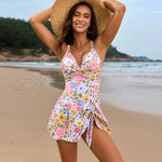 Vintage Pink Floral Print Dress Swimsuit 2025 New Women's One Piece Bikini Summer V Neck Slim Backless Bathing Suit Swimwear