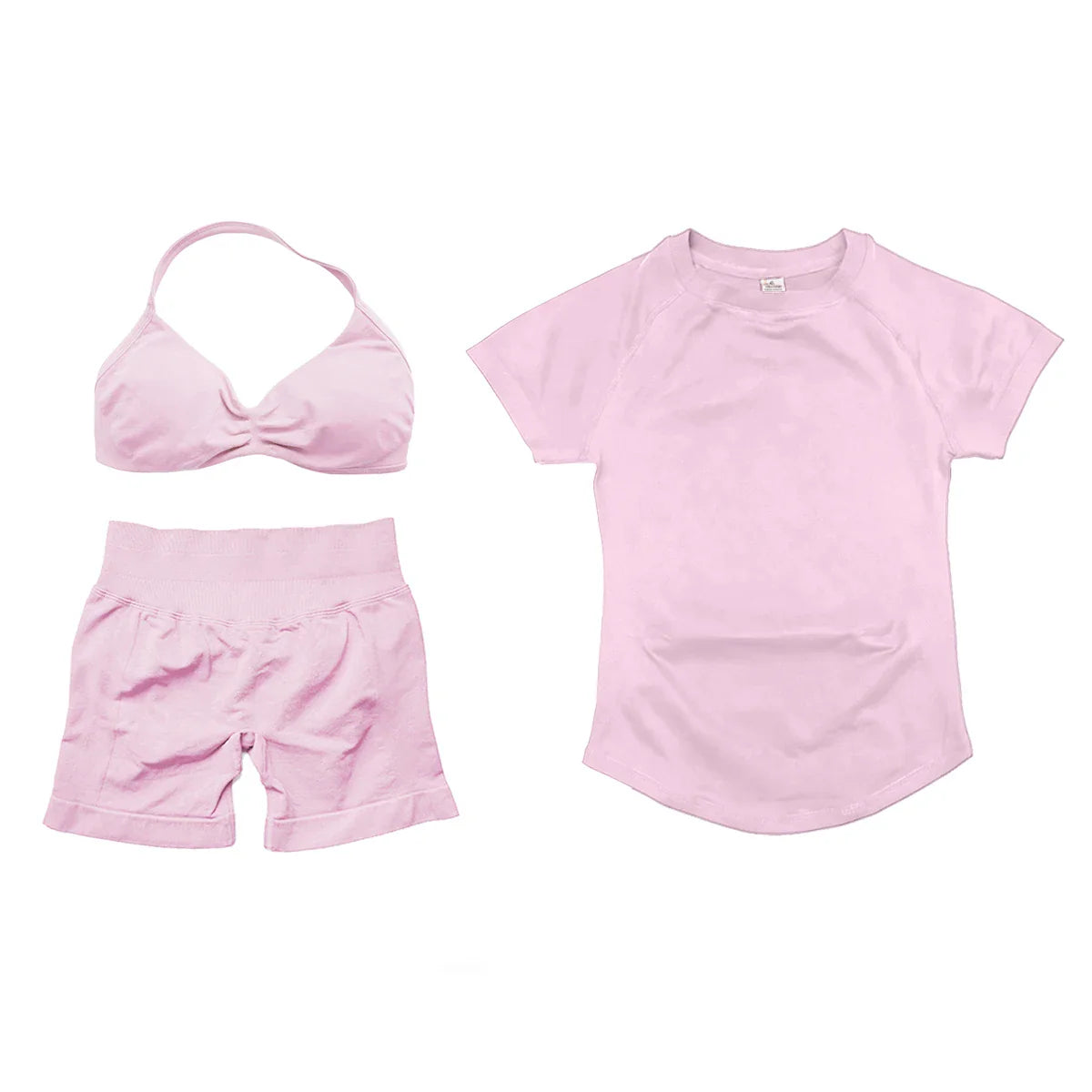 3 Pcs Gym Set Woman Short Sleeve Sport T-Shirt & Seamless Scrunch Gym Shorts & Strappy Bra Fitness Workout Suits Gym Clothing