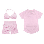 3 Pcs Gym Set Woman Short Sleeve Sport T-Shirt & Seamless Scrunch Gym Shorts & Strappy Bra Fitness Workout Suits Gym Clothing