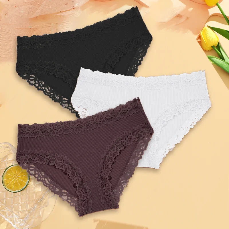 3Pcs Sexy Cotton Lace Panty Women Low Waist Panties Underwear S-XL Solid Color Ladies Briefs Lingere Underware Comfortable Women