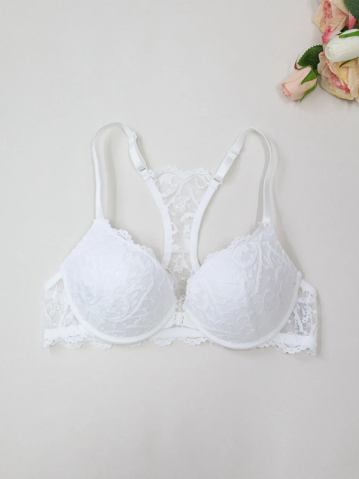 Elegant Sexy Women's Floral Lace Bra Racerback Scalloped Trim Push Up Bralette Comfortable Front Closure Lingerie Top