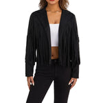 Women Spring Autumn Slim Long Sleeve Open Front Coat Solid Color Collared Jacket with Tassels Black/ Coffee/ Pink