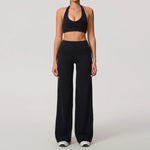 Hearuisavy Summer Yoga Set 2Pcs Women Breathable Backless Halter-Neck Sports Bra Push Up Pilates Fitness Top Straight Leg Pants