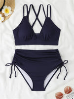 Women's Two Piece Swimsuit Black Double Strap Push Up Pleate Drawstring Side High Waist Bikini 2025 Beach Bathing Suit Swimwear