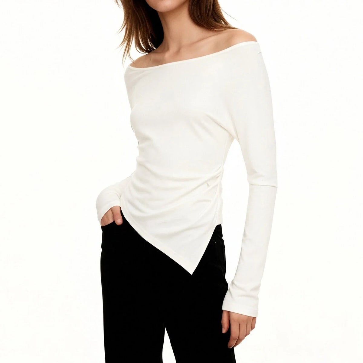 Women Irregular Crop Top YogaExercise Sports Gym Fashion Crop Top Casual T-Shirt Long Sleeve Boat Neck Solid Slim Sports Top