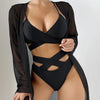 Women Bathing Suit 3 Piece Swimsuit Mesh Kimono High Waist Bikini Bandage Long Sleeve Beach Cover Up Swimwear Black Bikinis test