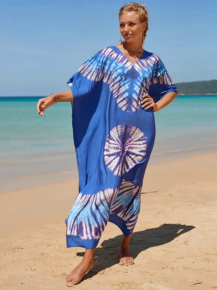 2025 Loose Boho Style Maxi Dress Print Face Swim Suit Cover-up Bohemian Dress Robe Plage Kaftan Maxi Dress Beach Wear Tunics
