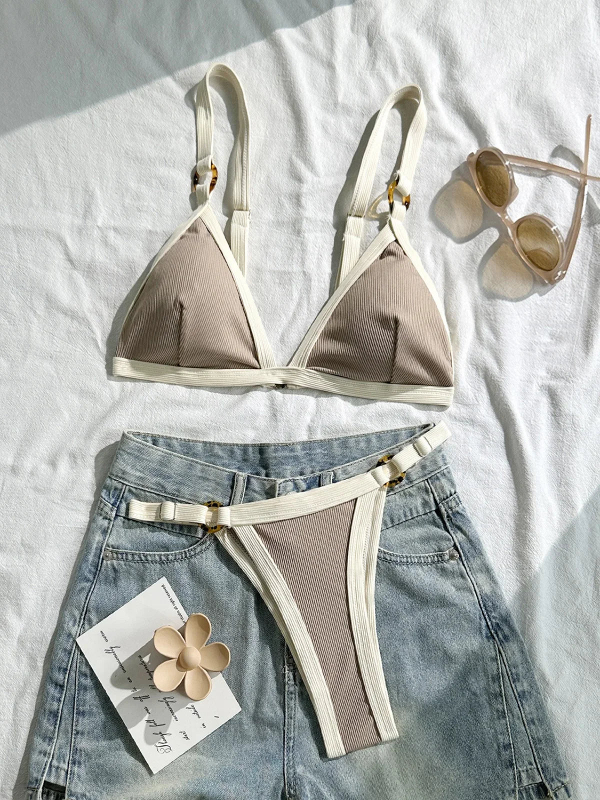 Sexy Khaki Patchwork Micro Bikini 2026 Women Brazilian Push Up Bra Metal Circle Thong Swimsuit Bathing Suit Holiday Swimwear