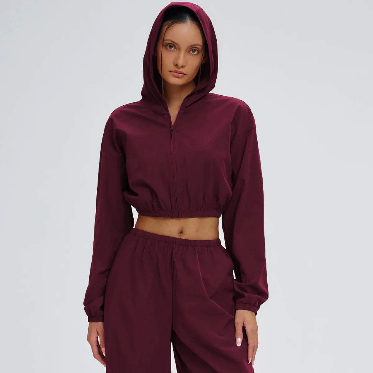 Sports sunscreen set Zipper windproof hooded sunscreen leisure outdoor 2 PCS Long Sleeved Loose sports riding Wide Leg Pants Set