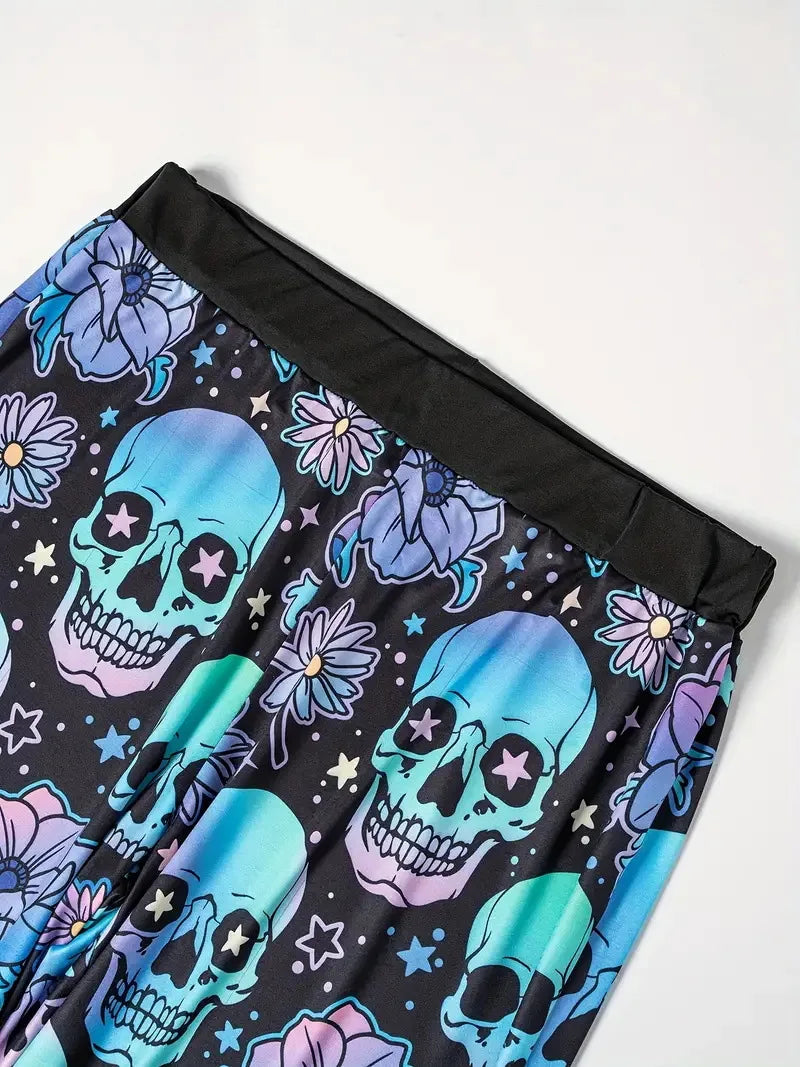 Hallowmas Skull Flower Print Pants Woman 2025 Plus Size Elastic Waist Wide Leg Pant Casual Large Full-length Trousers