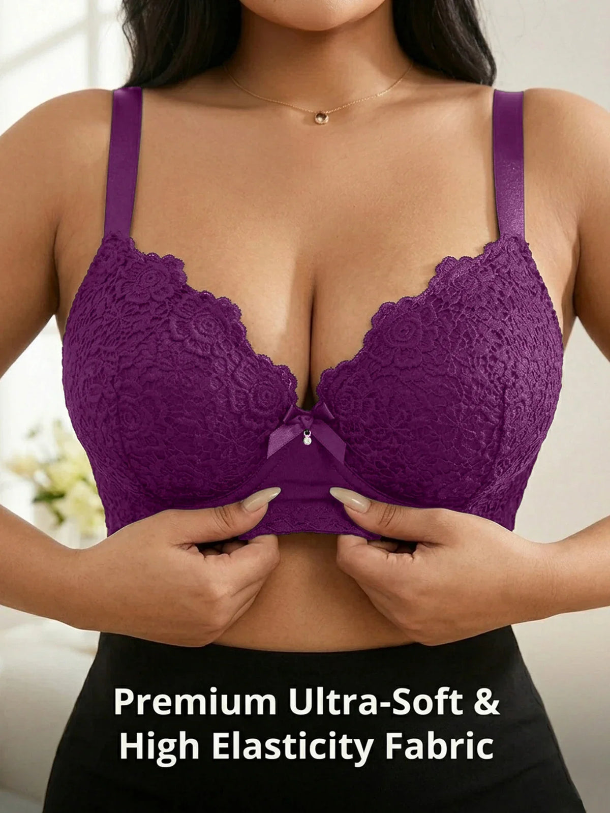 Plus Size Floral Lace Women Push-Up Bra Underwire Support Anti-Sagging Underwear Comfy Wide Straps Thin Cup Daily Lingerie Bra