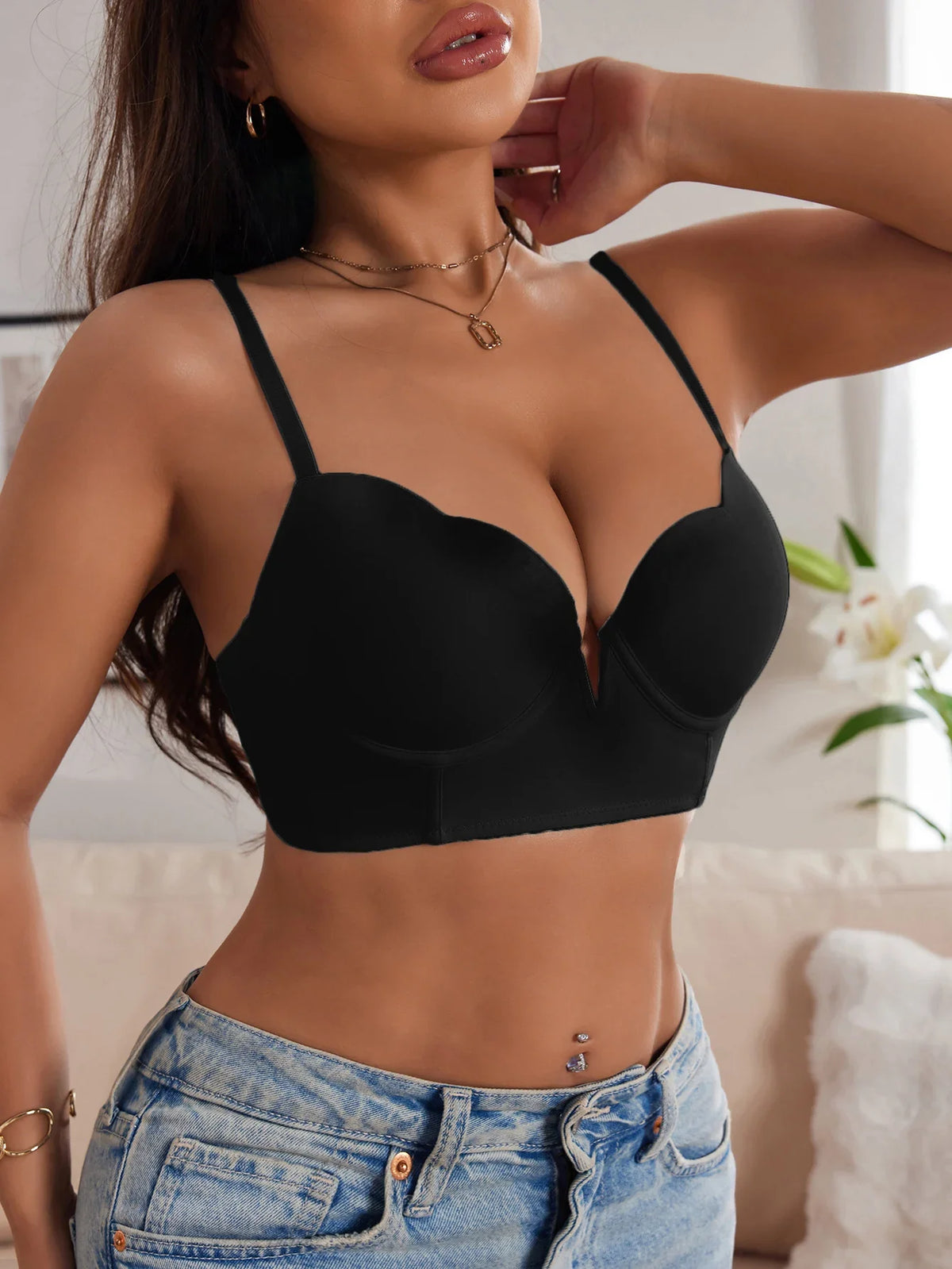 Summer Women's Solid Color Sexy bras Unadorned Push-Up with Scalloped Edge Plunge bra