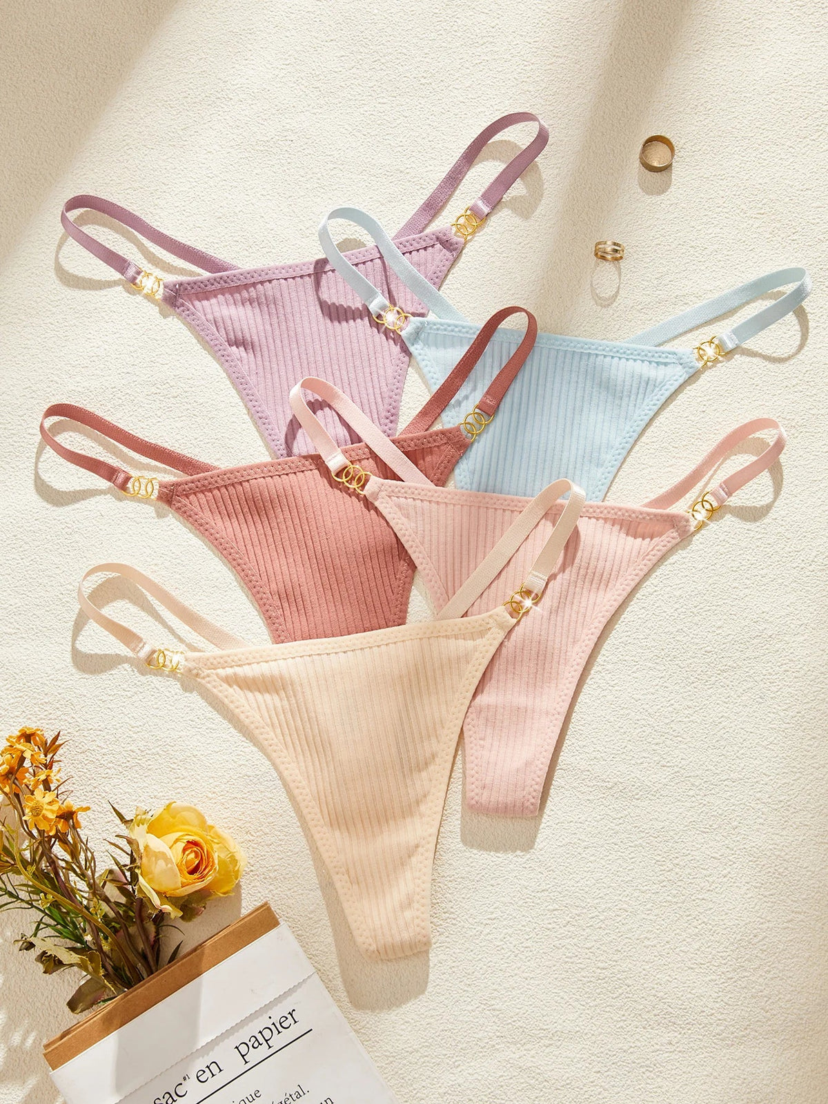 5PCS/Set Solid Women's Thongs Sexy Low Rise Seamless Panties Ribbed Lingerie Comfy Women's Underwear Set
