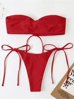 Sexy Bandeau Bikini Swimwear Women Red Black Pleate Lace Up Swimsuit 2024 Cut Out Beach Bathing Suit Tie Side Thong Bikinis Sets