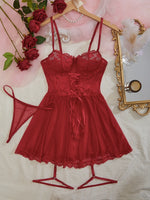 New Sexy Lingerie For Woman Women Lace Hollow Bodysuit Baby Doll Garters Dress TransparentDeep V Open Bra And Panty Underwear