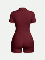 Women's Solid Color Half Zip Ribbed Knit Short Sleeve Romper Sports Soft Slim Fit Mock Neck Jumpsuit Streetwear 2025 Summer