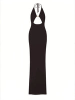 Sexy Knit Halter V Neck Slit Beach Maxi Dress For Women 2026 Chic Button Cut Out Backless Party Dresses Swimwear Cover Up A3151