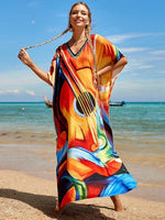 2025 Loose Boho Style Maxi Dress Print Face Swim Suit Cover-up Bohemian Dress Robe Plage Kaftan Maxi Dress Beach Wear Tunics
