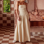 Elegant Strapless Maxi Tube Dress Women Ruched Long Sundress Boat Neck Sleeveless Strapless Flowy Dresses Party Clubwear