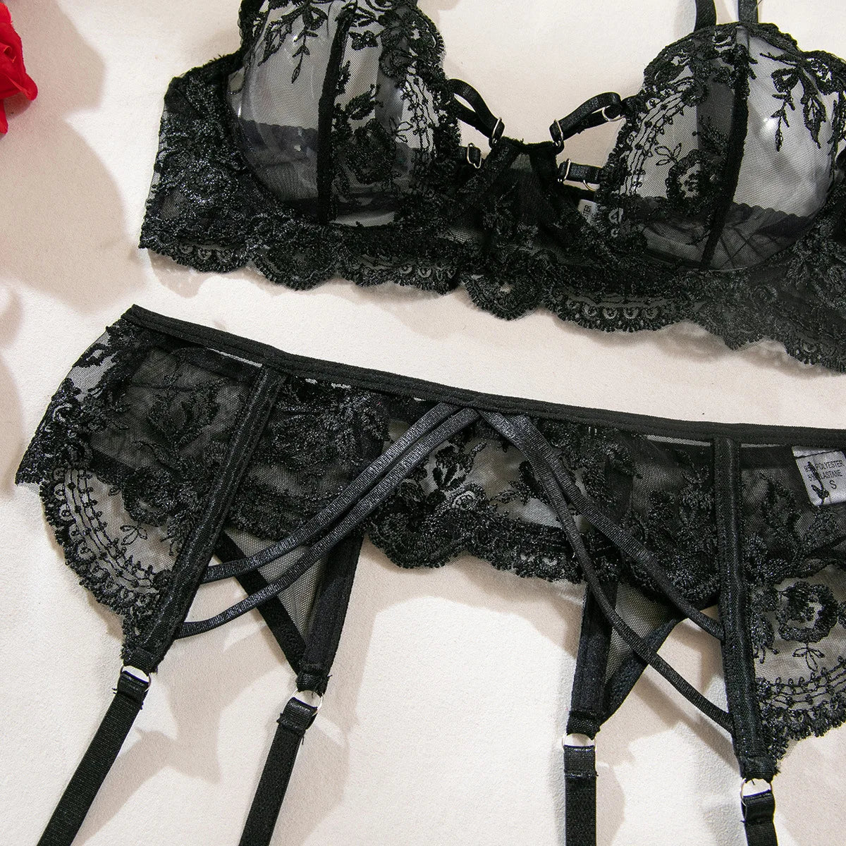 Embroidery Lingerie 3Pcs Sets Ultrathin Mesh Patchwork See Through Bras And Thongs Garter Suits Erotic Intimate Sexy Underwear