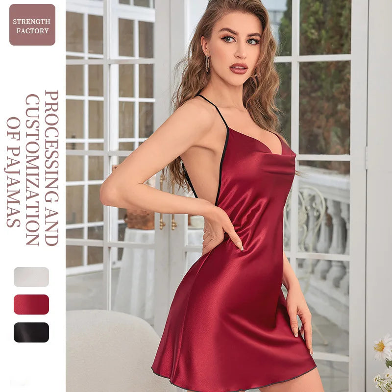 Sexy Short Backless Suspender Skirt Summer Ice Silk Thin Dress Women's Solid Color V-neck Home Nightgown Sleepwear Pjs Set