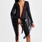 Yiiciovy Women Mesh Sheer Mini Dress Beach Cover Ups Long Sleeve V Neck Backless Solid Color See Through Cocktail Dress