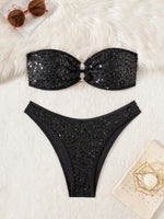 Sexy Bandeau Bikini 2026 Women Shiny Sequin Front Ring Push Up Micro Swimsuit Summer Pink Bathing Suit Thong Swimwear Biquini