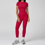 New Yoga Set Two Piece Women Short Sleeve Top with High Waist Leggings Seamless Workout Clothes Patchwork Sport Fitness Gym Sets