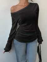 Women's Casual Solid Color Slope Collar Long Sleeved T-Shirt Loose Slouchy Style See-Through Off The Shoulder Top