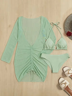Long Sleeves Dress Bikini Set 2025 Women Neon Green Lace Up 3 Pieces Swimsuit Brazilian Bathing Suit Pleate Cover Up Swimwear