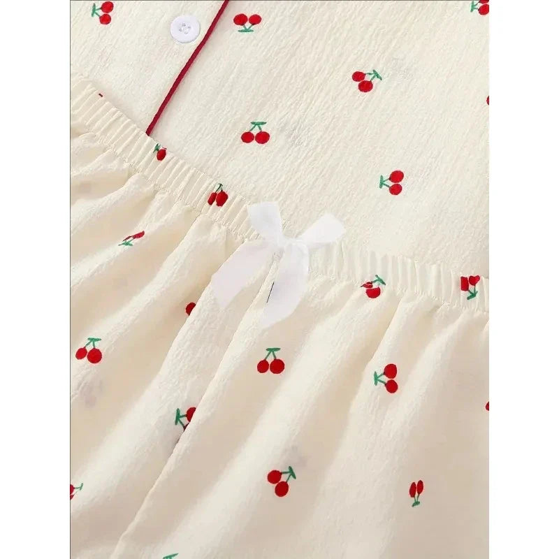 Cherry Print Textured Pajama Set Cute Short Sleeve Buttons Lapel Top & Elastic Shorts Women's Sleepwear