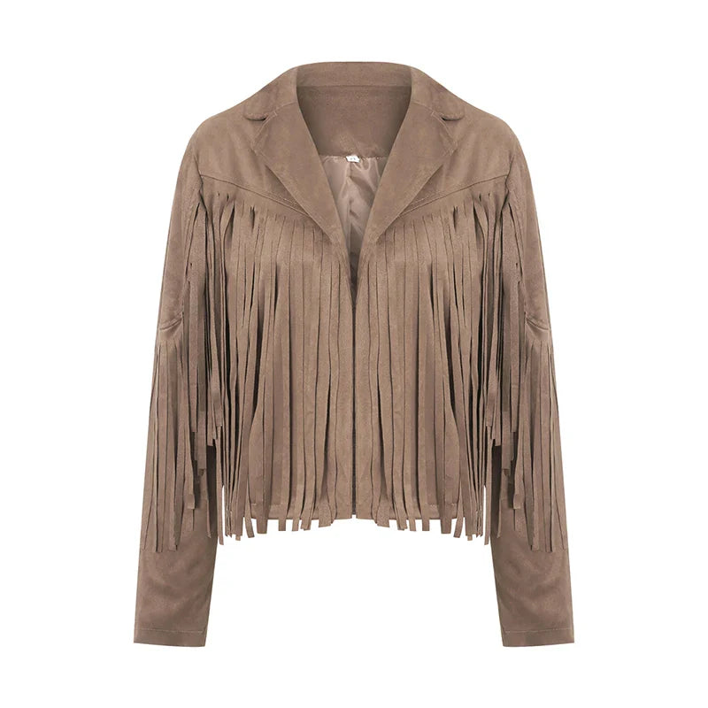 Women Spring Autumn Slim Long Sleeve Open Front Coat Solid Color Collared Jacket with Tassels Black/ Coffee/ Pink