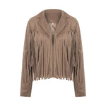 Women Spring Autumn Slim Long Sleeve Open Front Coat Solid Color Collared Jacket with Tassels Black/ Coffee/ Pink