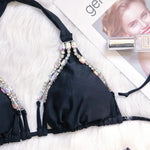 Sexy Rhinestone Bikini Set 2025 Shinny Hot Pink Push Up Thong Swimsuit Brazilian Diamond Metal Chain Beach Bathing Suit Swimwear