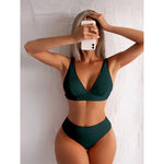 2023 New Sexy V-Neck Ribbed Bikini High Waist Swimsuit Women Solid Push Up Swimwear Female Bathing Suit Bikini Set Beachwear